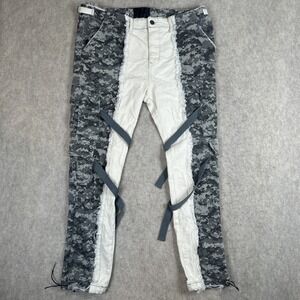 Valabasas Jeans Mens 40x32 White Green Pixel Camo Cargo Frayed Seams Straps